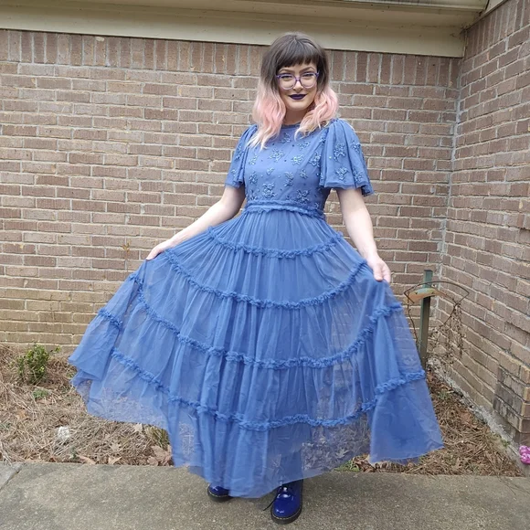 Ivy City Co Blue Anastasia Tiered Beaded Embellished Tulle Maxi Dress Formal - Picture 11 of 13